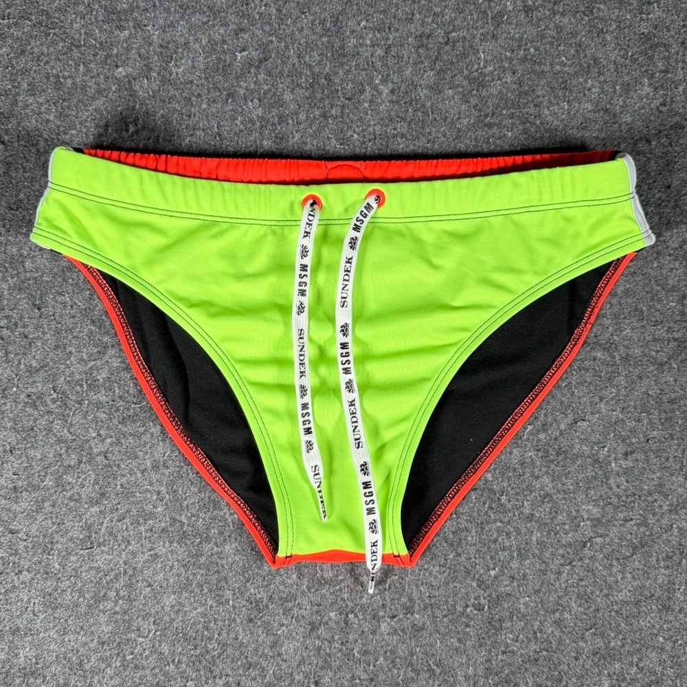 Sundek MSGM Mens Swim Briefs Neon Green Orange Logo Trunks Size M 2840MF200S